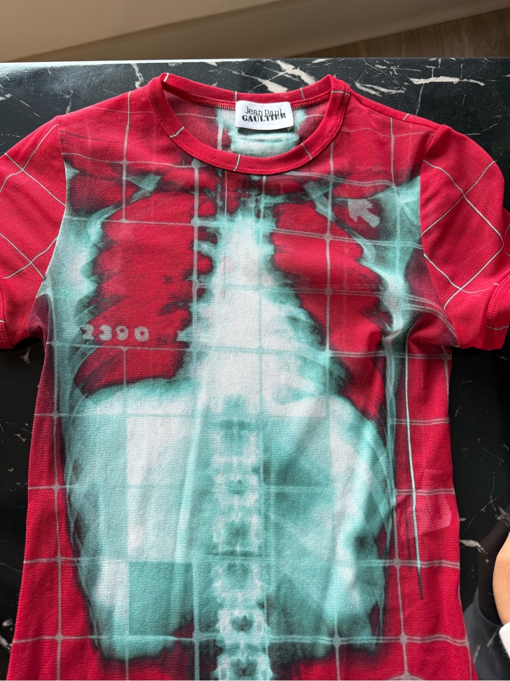 Jean Paul Gaultier Red and Teal Graphic Mesh Dress - Picture 3 of 8